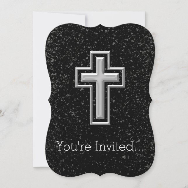 Invitación Cruz cristiana de tono plateado sobre mancha negra (Anverso)
