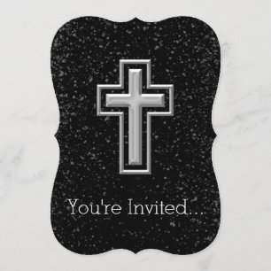 Invitación Cruz cristiana de tono plateado sobre mancha negra