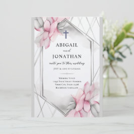 Invitación Cruz cristiana floral rosa y Boda de la Biblia