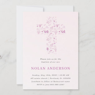 Invitación Cruz de acuarela rosa en niño de bautismo caligráf