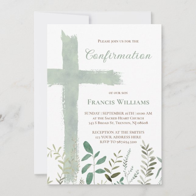 Invitación cruz de acuarela verde Confirmación (Anverso)