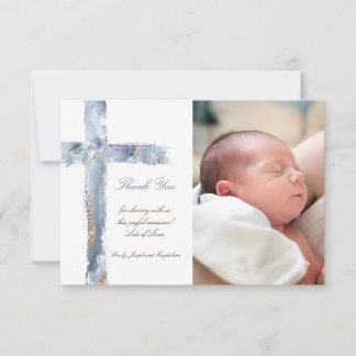 Invitación cruz de ágata azul agradecimiento bautismo