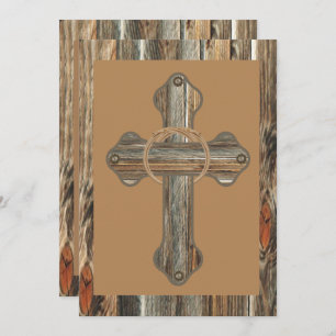 Invitación Cruz De Barnwood Con Cuerdas Y Conchos