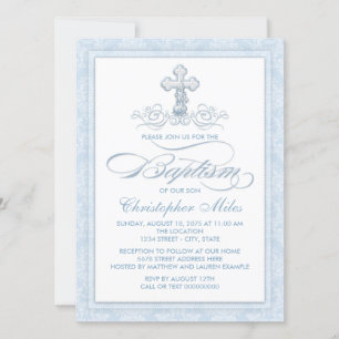 Invitación Cruz de Bautismo de Damasco Azul