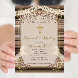 Invitación Cruz de bautismo de Fiesta Marrón y primer cumplea