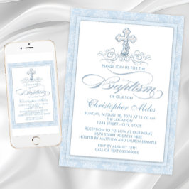 Invitación Cruz de Bautismo en Damasco Azul