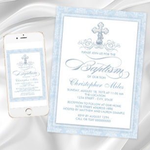 Invitación Cruz de Bautismo en Damasco Azul