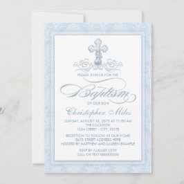 Invitación Cruz de Bautismo en Damasco Azul