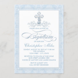 Invitación Cruz de Bautismo en Damasco Azul