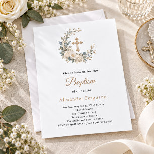 Invitación Cruz de Bautizo Botánica Marfil Neutral