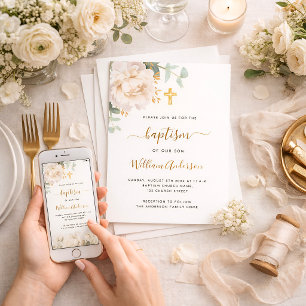 Invitación Cruz de bautizo de eucalipto floral blanco