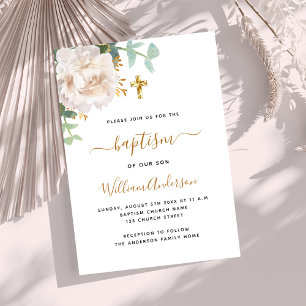 Invitación Cruz de bautizo de eucalipto floral blanco