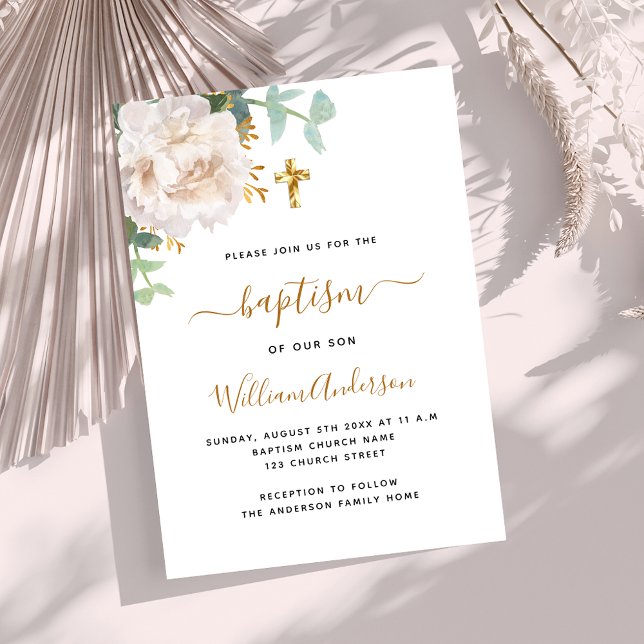 Invitación Cruz de bautizo de eucalipto floral blanco (Subido por el creador)