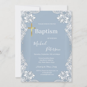Invitación Cruz de Bautizo en Oro con Encaje Azul Polvo 