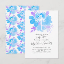 Invitación Cruz de bautizo floral acuarela azul