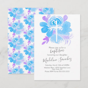 Invitación Cruz de bautizo floral acuarela azul