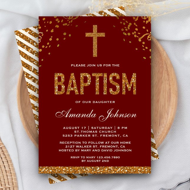 Invitación Cruz de brillo falso de oro rojo bautismo real (Subido por el creador)