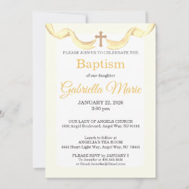 Invitación Cruz de cinta amarilla pastel en acuarela Bautizo