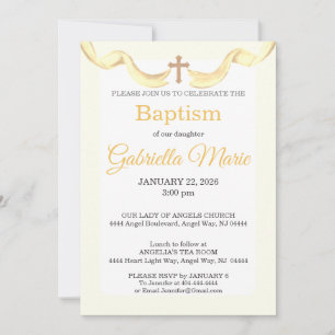 Invitación Cruz de cinta amarilla pastel en acuarela Bautizo