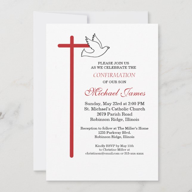 Invitación Cruz de confirmación de paloma sobre blanco (Anverso)