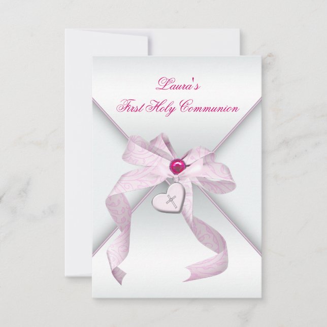 Invitación Cruz de Corazón Rosa Niñas Primera Comunión Rosa (Anverso)