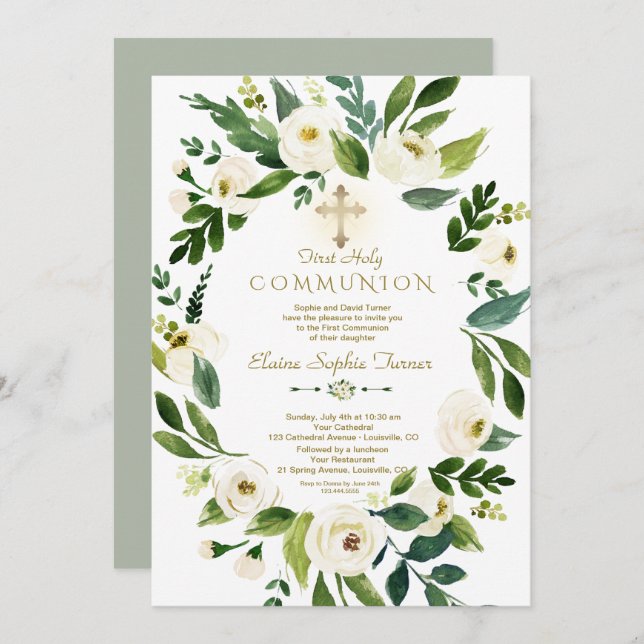 Invitación Cruz de corona floral blanca elegante Santa Comuni (Anverso / Reverso)