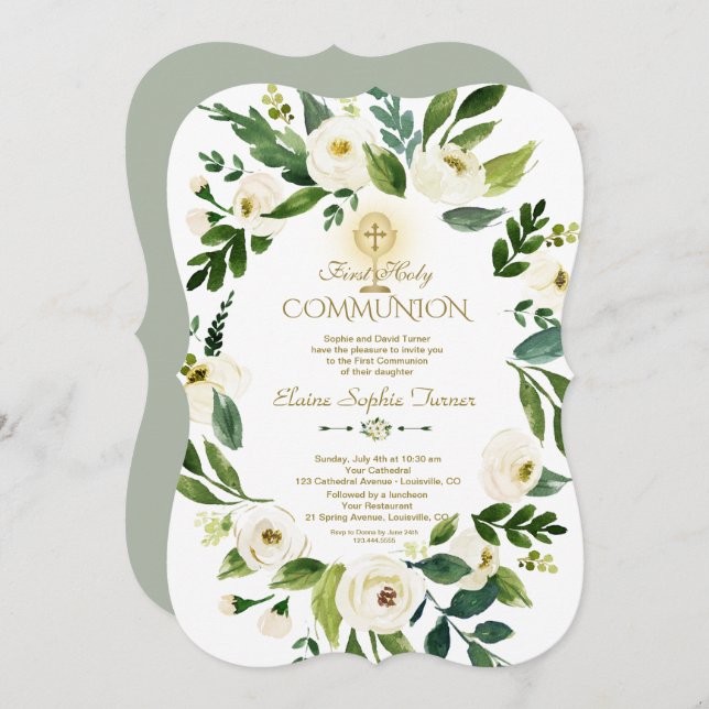 Invitación Cruz de corona floral blanca encantadora Primera C (Anverso / Reverso)