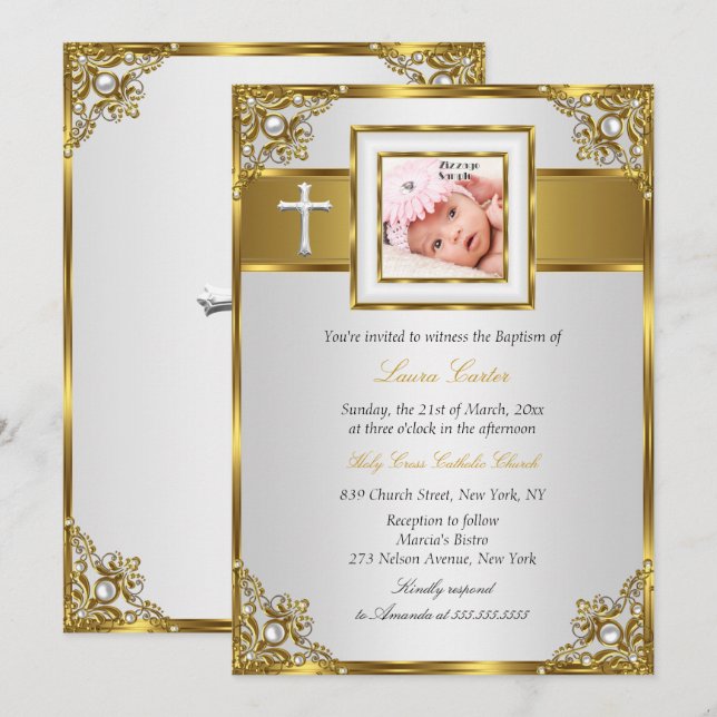 Invitación Cruz de Damasco de oro Foto Bautismo Christening 2 (Anverso / Reverso)