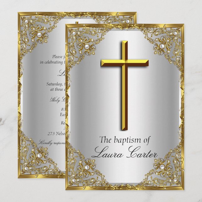 Invitación Cruz de Damasco de Perla Bautizo Plata Oro (Anverso / Reverso)