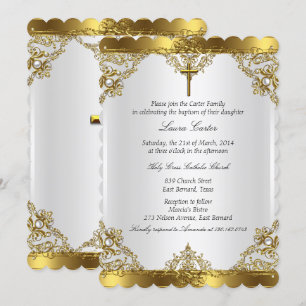 Invitación Cruz de Damasco de Perla Blanca Dorada Bautizo Bau