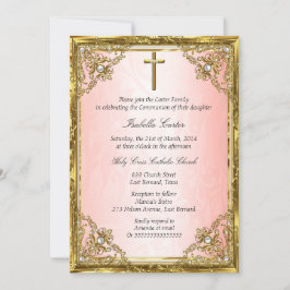 Invitación Cruz de Damasco de Perla Rosa Beige Dorado para Co