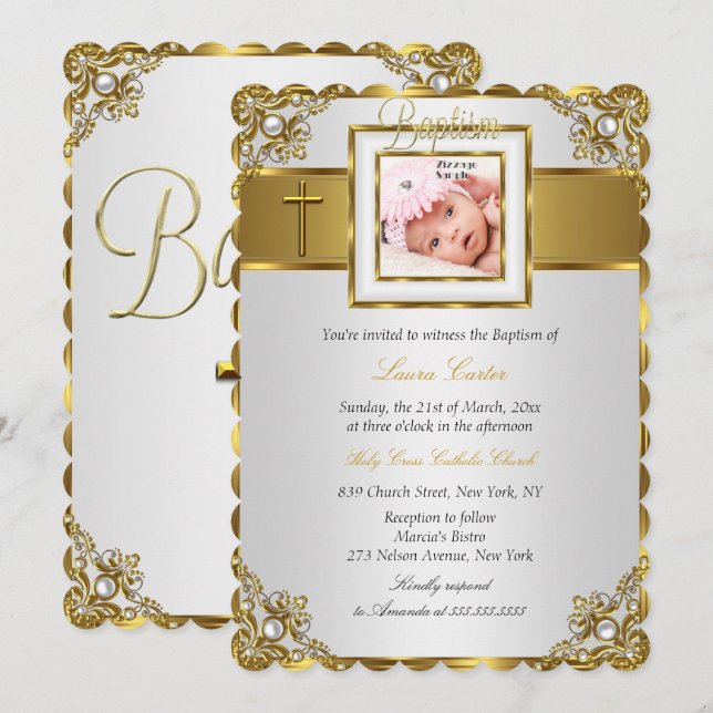 Invitación Cruz de Damasco Dorado Foto Bautizo (Anverso / Reverso)
