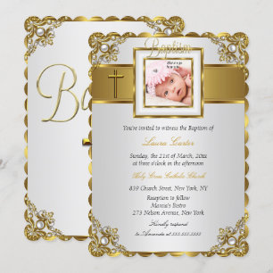 Invitación Cruz de Damasco Dorado Foto Bautizo