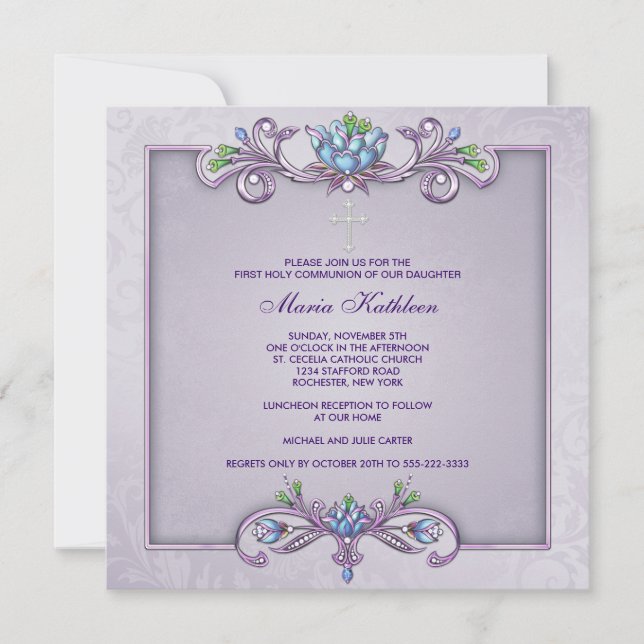 Invitación Cruz de Damasco Morado Primera Comunión de Niñas (Anverso)