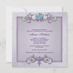 Invitación Cruz de Damasco Morado Primera Comunión de Niñas