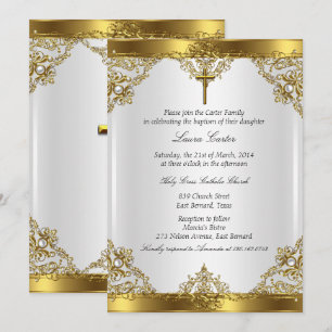 Invitación Cruz de Damasco Perla Blanca Dorada Bautizo Bautis