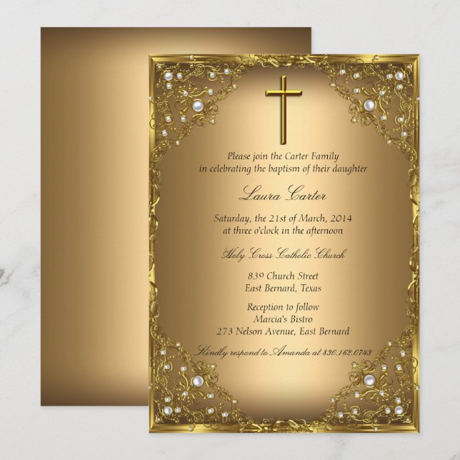 Invitación Cruz de Damasco Perla Dorada Bautizo (Anverso / Reverso)