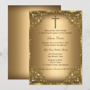 Invitación Cruz de Damasco Perla Dorada Bautizo