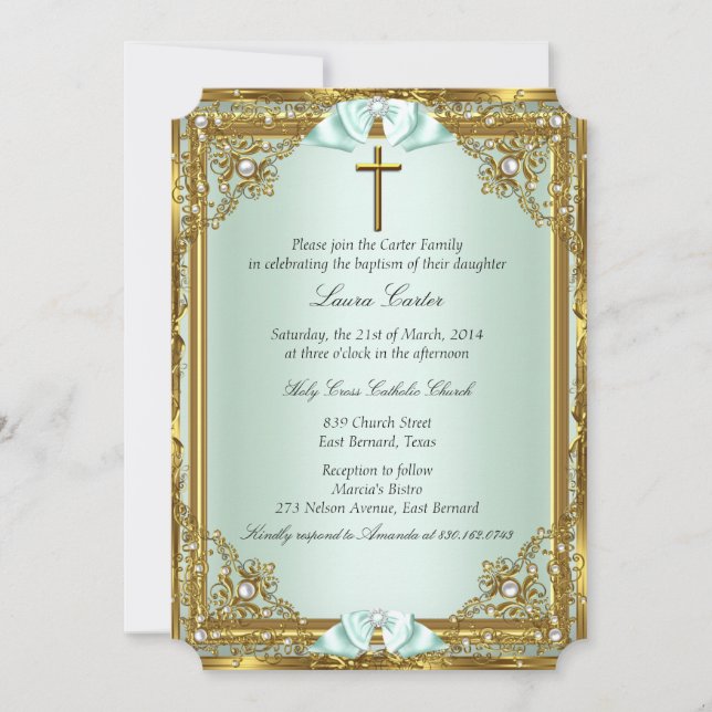 Invitación Cruz de Damasco Perla Dorada de Bautizo Mint 2 (Anverso)