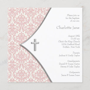 Invitación Cruz de Damasco Rosa Bautizo de Niñas