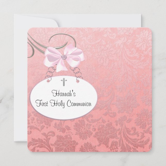 Invitación Cruz de Damasco Rosa Primera Comunión de Niñas (Anverso)