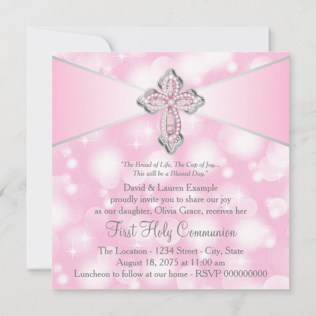 Invitación Cruz de destello rosa Primera Comunión (Reverso)