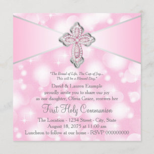 Invitación Cruz de destello rosa Primera Comunión