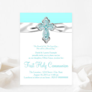 Invitación Cruz de Diamante Verde Aguamarina Niñas Primera Co