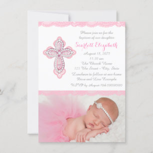 Invitación Cruz de diamantes de encaje rosa Foto Bautizo Baut