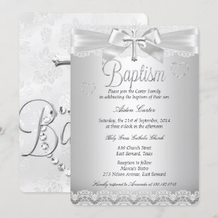 Invitación Cruz de encaje de plata Bautizo niño o niña