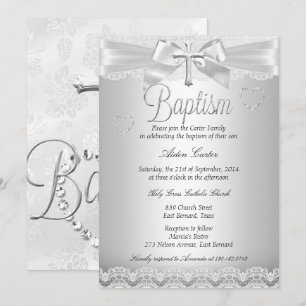 Invitación Cruz de encaje plateado Bautizo Niño o Niña