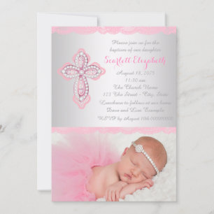 Invitación Cruz de encaje rosa foto bautizo bautismo