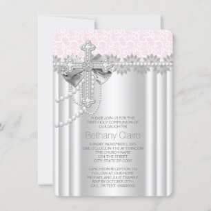 Invitación Cruz de encaje rosa Primera Comunión