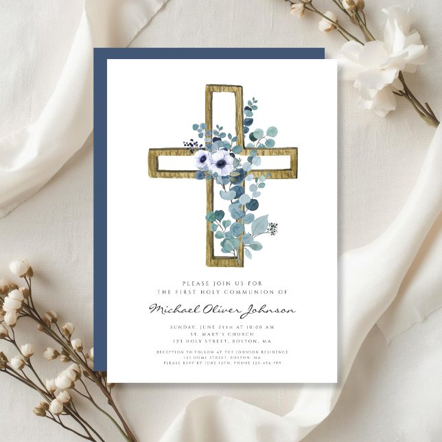 Invitación Cruz de eucalipto moderna Primera Comunión religio (Modern Eucalyptus Cross Religious First Communion Invitation)